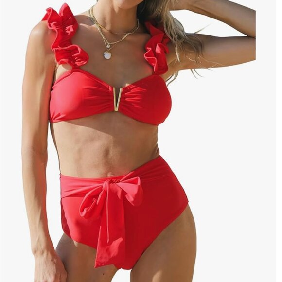 NEW High Waisted Swimsuit Flounce Straps Bikini Bathing Suit RED Small - Picture 2 of 8